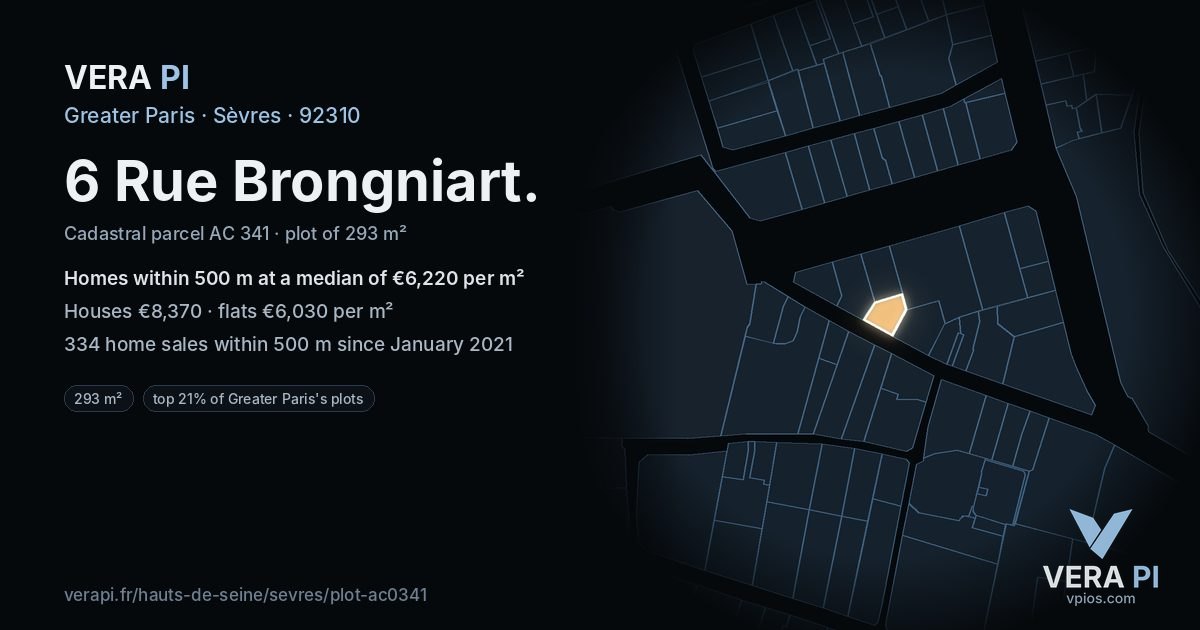 6 Rue Brongniart, Sèvres at night – the plot lit, the parcels around coloured by the prices near them