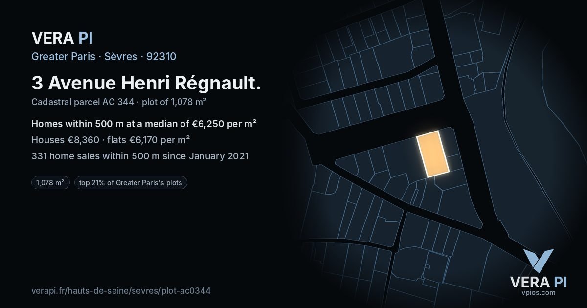3 Avenue Henri Régnault, Sèvres at night – the plot lit, the parcels around coloured by the prices near them