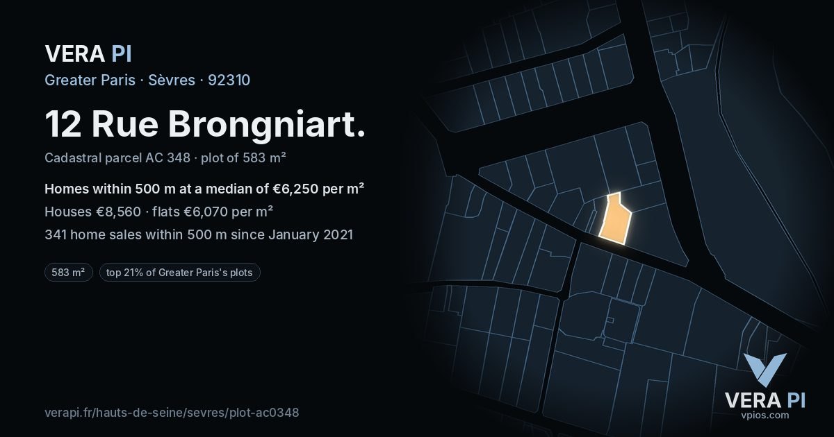 12 Rue Brongniart, Sèvres at night – the plot lit, the parcels around coloured by the prices near them
