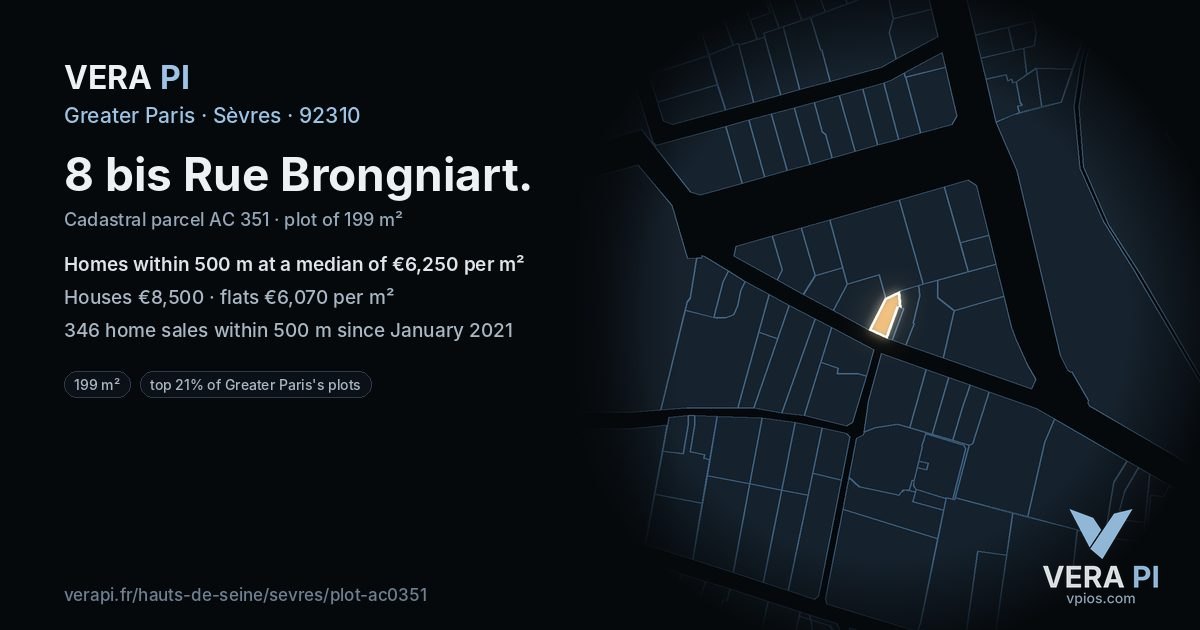 8 bis Rue Brongniart, Sèvres at night – the plot lit, the parcels around coloured by the prices near them