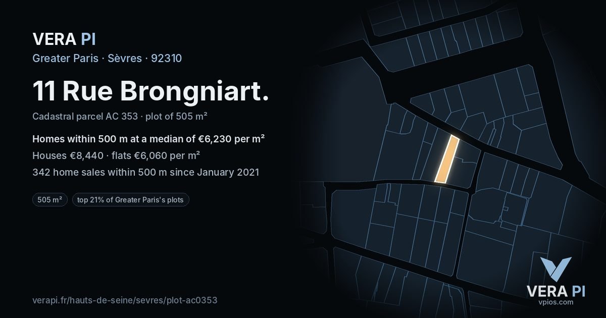 11 Rue Brongniart, Sèvres at night – the plot lit, the parcels around coloured by the prices near them