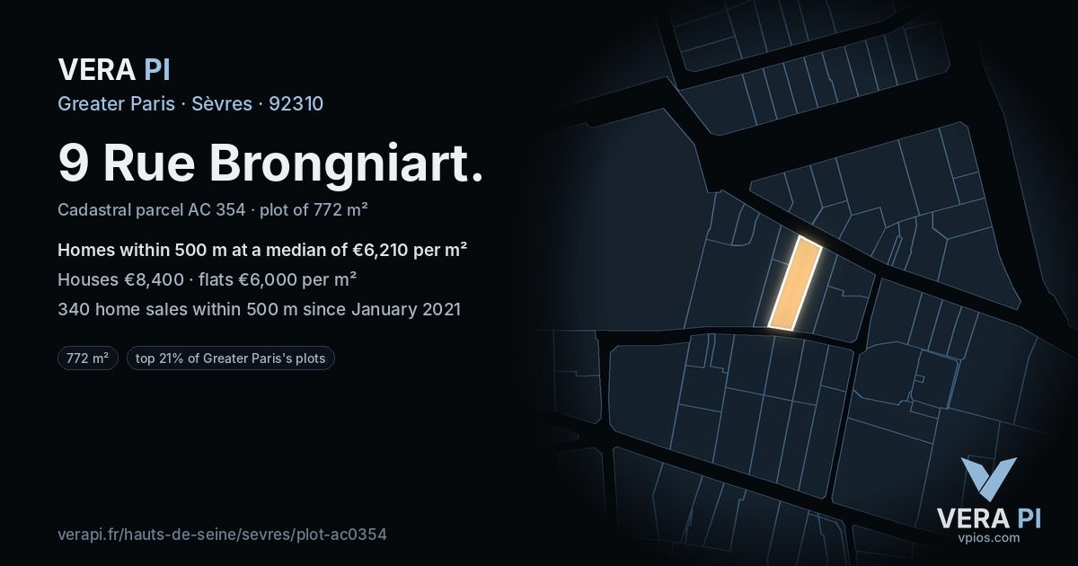 9 Rue Brongniart, Sèvres at night – the plot lit, the parcels around coloured by the prices near them