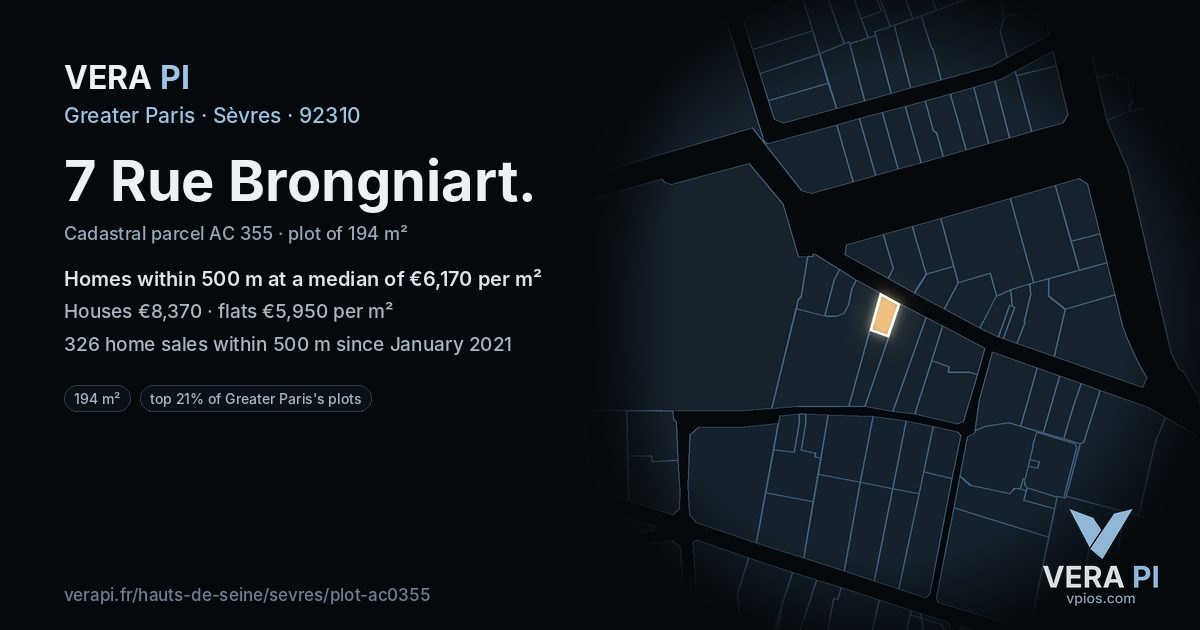 7 Rue Brongniart, Sèvres at night – the plot lit, the parcels around coloured by the prices near them