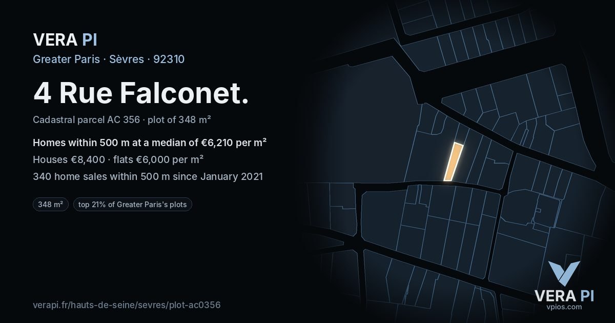4 Rue Falconet, Sèvres at night – the plot lit, the parcels around coloured by the prices near them