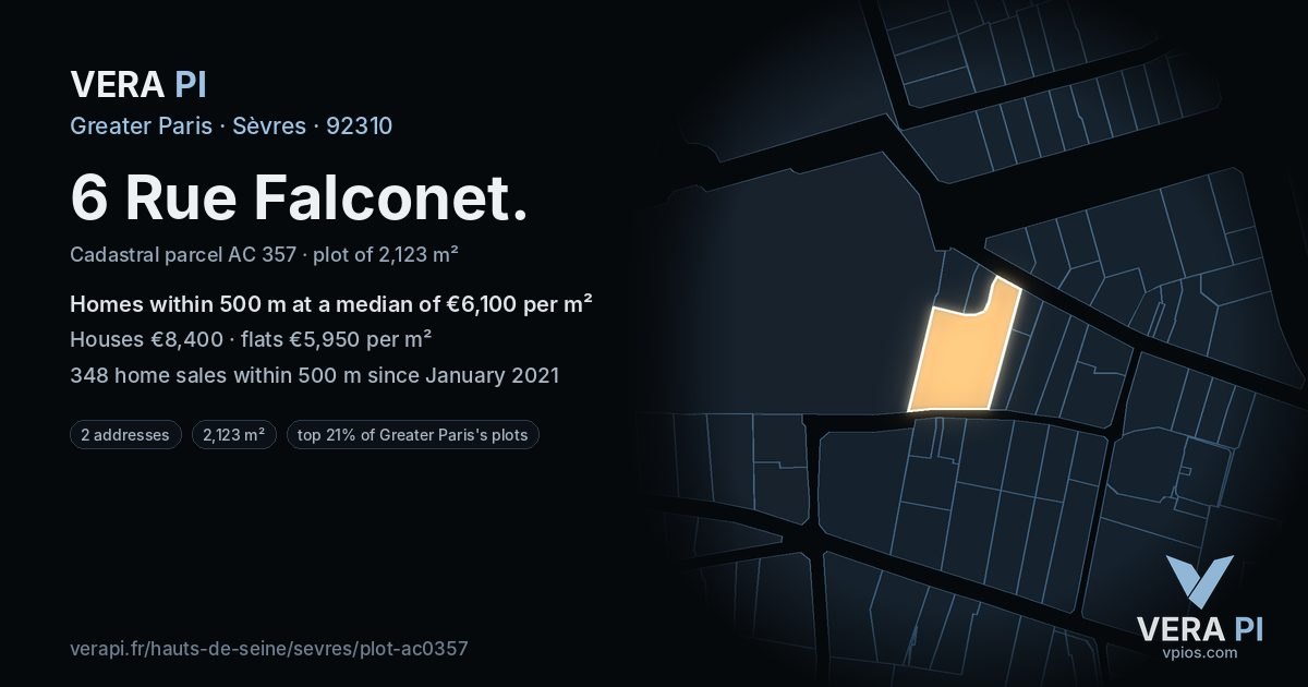 6 Rue Falconet, Sèvres at night – the plot lit, the parcels around coloured by the prices near them