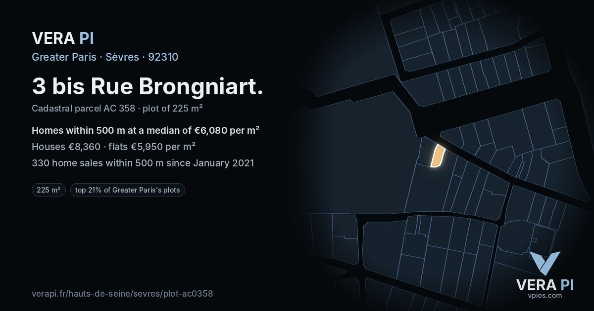 3 bis Rue Brongniart, Sèvres at night – the plot lit, the parcels around coloured by the prices near them
