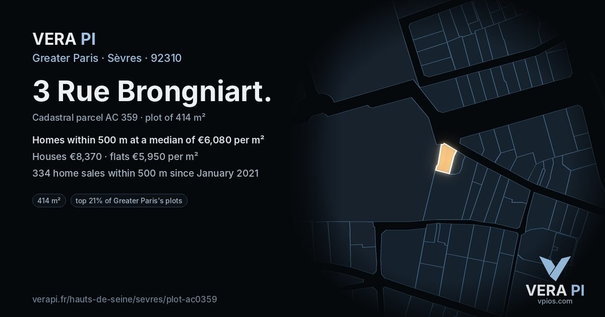 3 Rue Brongniart, Sèvres at night – the plot lit, the parcels around coloured by the prices near them