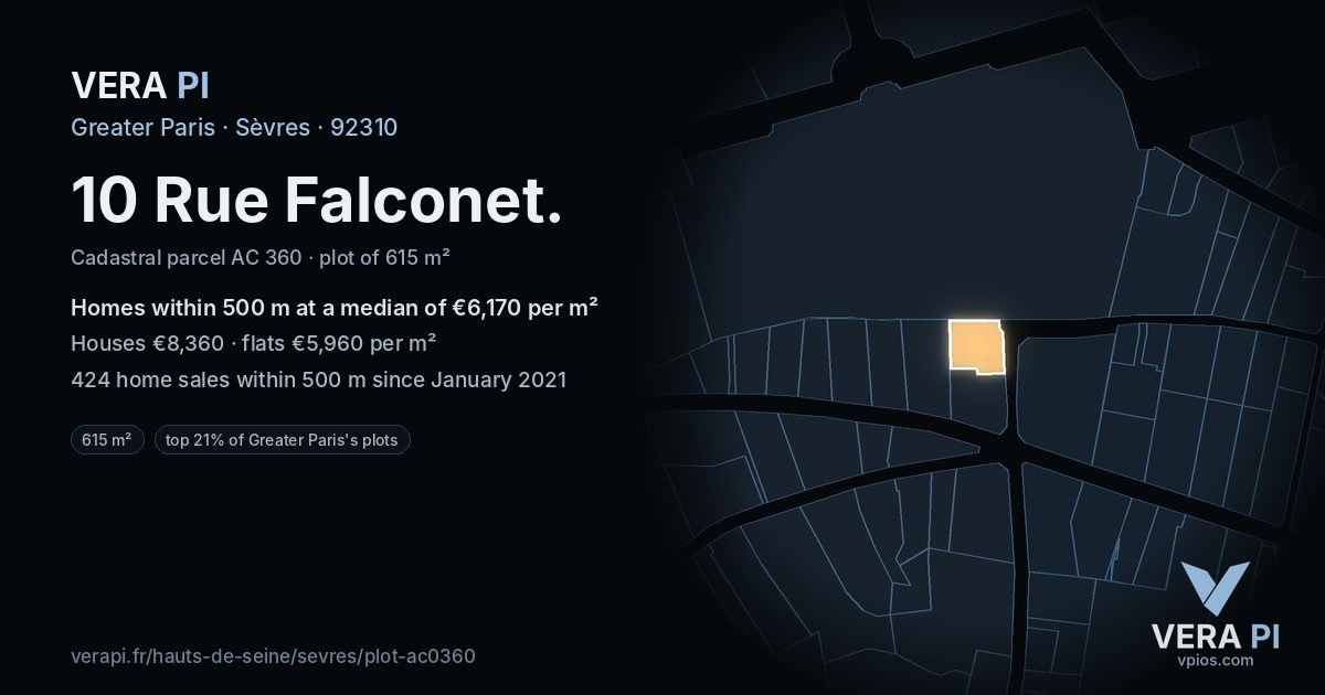 10 Rue Falconet, Sèvres at night – the plot lit, the parcels around coloured by the prices near them