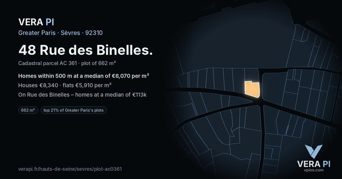 48 Rue des Binelles, Sèvres at night – the plot lit, the parcels around coloured by the prices near them