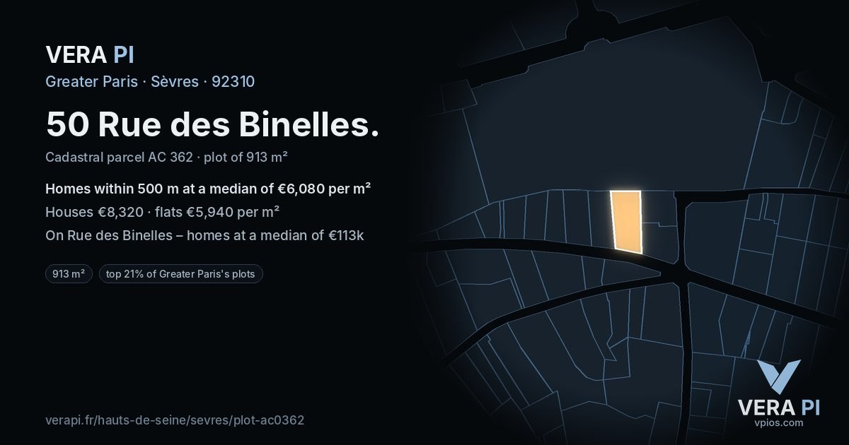 50 Rue des Binelles, Sèvres at night – the plot lit, the parcels around coloured by the prices near them
