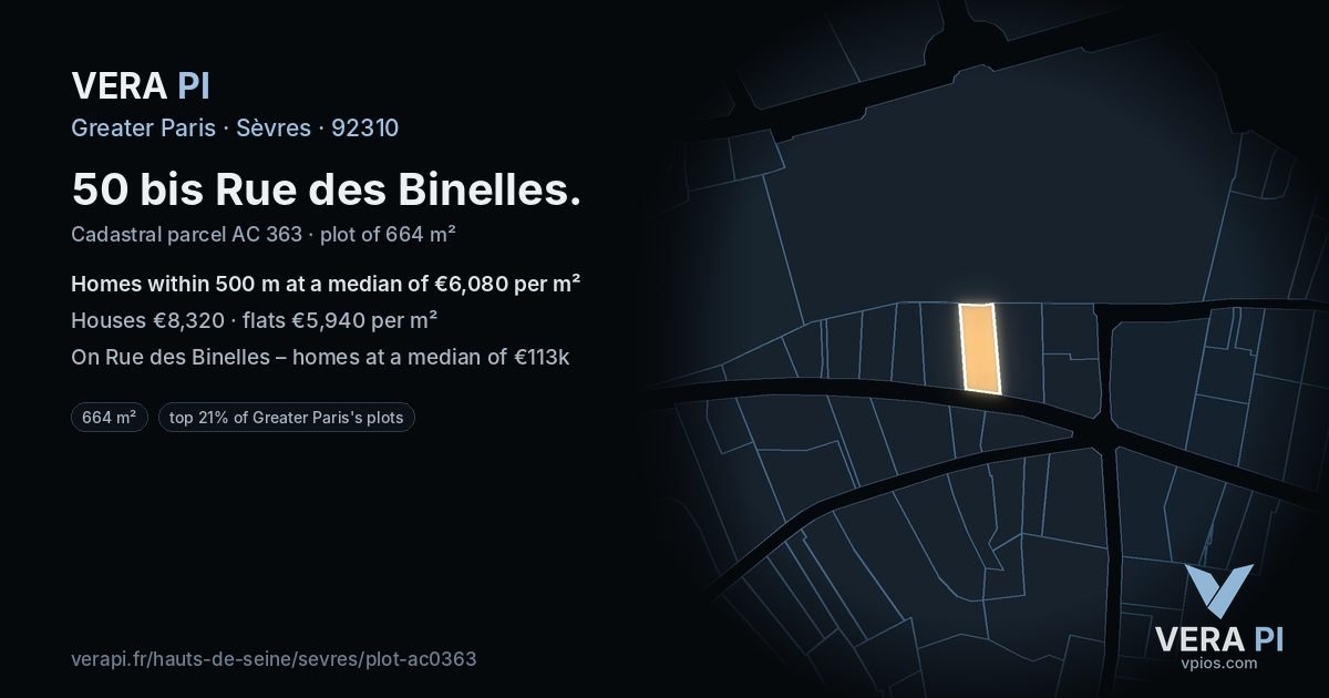 50 bis Rue des Binelles, Sèvres at night – the plot lit, the parcels around coloured by the prices near them