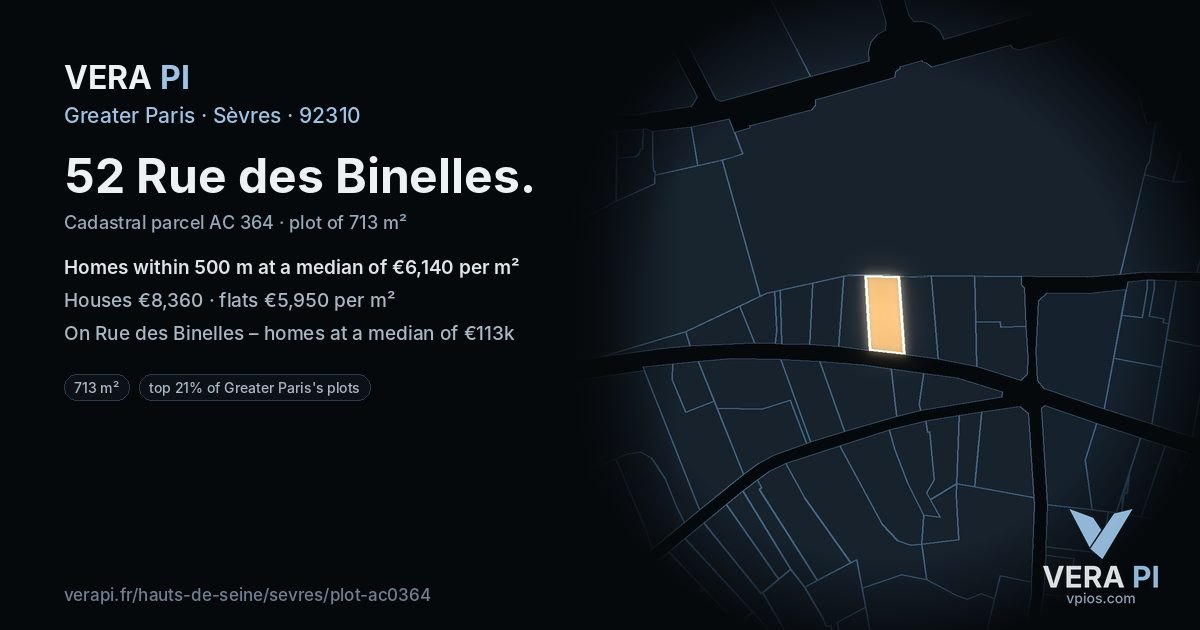52 Rue des Binelles, Sèvres at night – the plot lit, the parcels around coloured by the prices near them