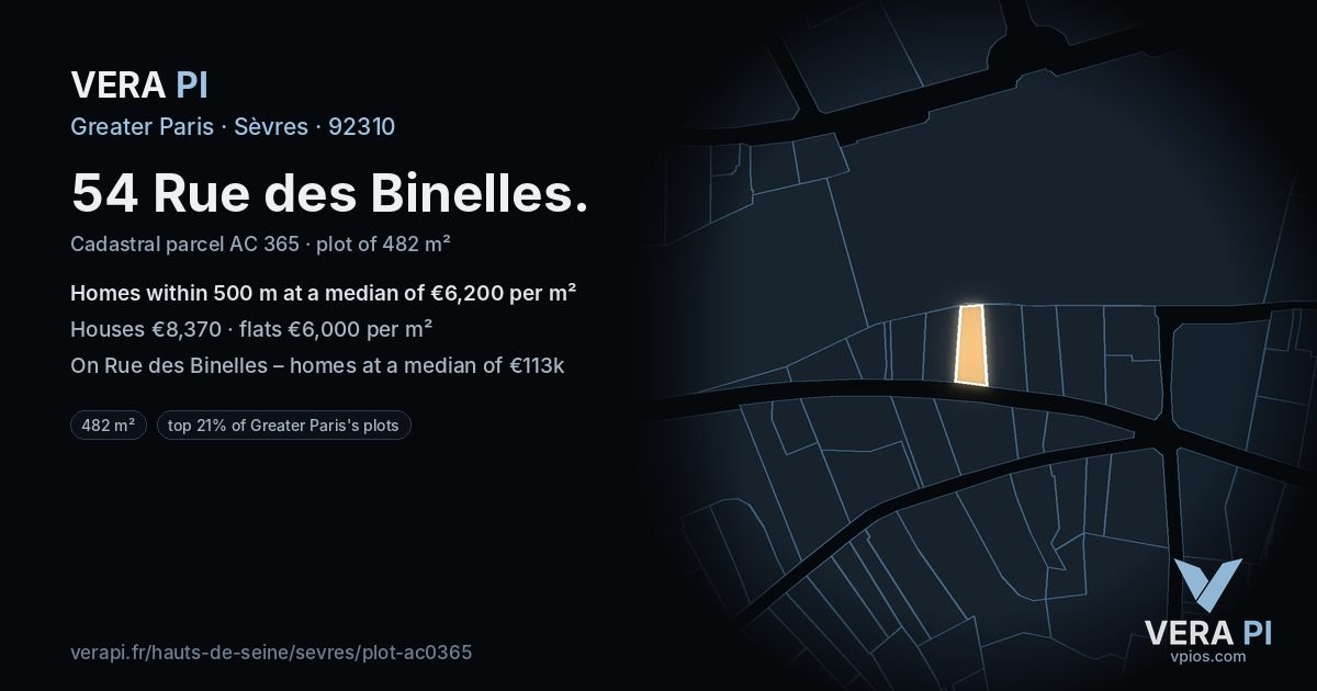 54 Rue des Binelles, Sèvres at night – the plot lit, the parcels around coloured by the prices near them