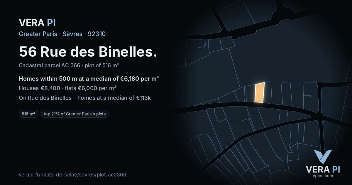 56 Rue des Binelles, Sèvres at night – the plot lit, the parcels around coloured by the prices near them