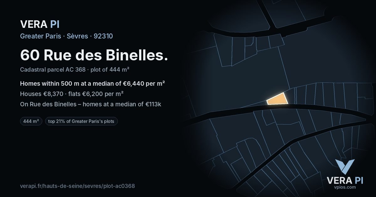 60 Rue des Binelles, Sèvres at night – the plot lit, the parcels around coloured by the prices near them