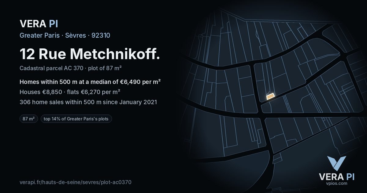 12 Rue Metchnikoff, Sèvres at night – the plot lit, the parcels around coloured by the prices near them