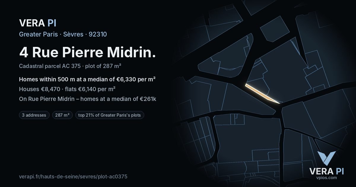 4 Rue Pierre Midrin, Sèvres at night – the plot lit, the parcels around coloured by the prices near them