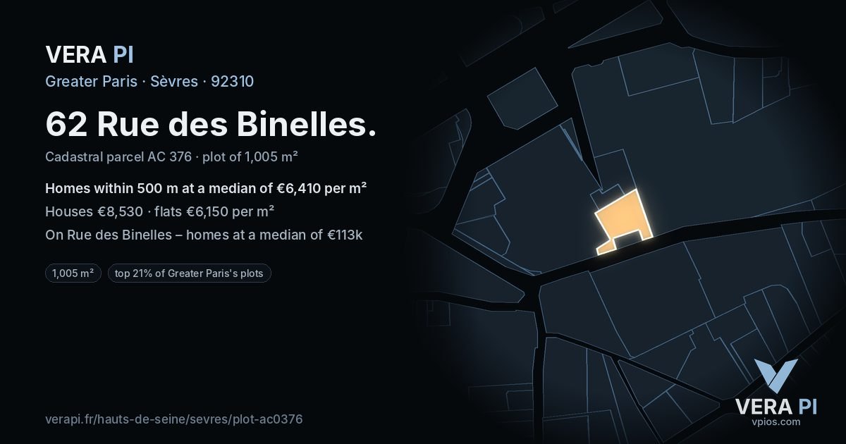 62 Rue des Binelles, Sèvres at night – the plot lit, the parcels around coloured by the prices near them