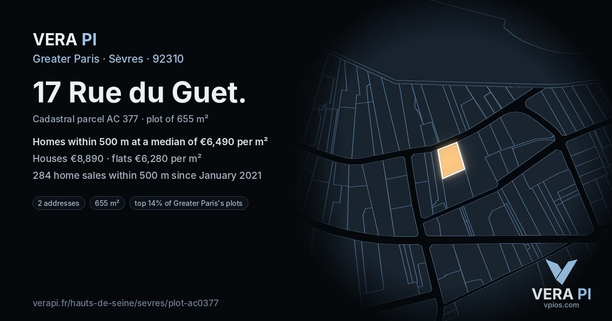 17 Rue du Guet, Sèvres at night – the plot lit, the parcels around coloured by the prices near them