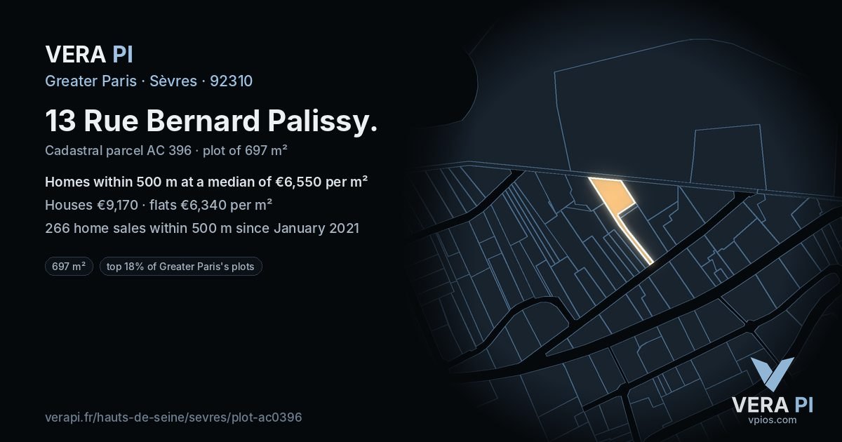 13 Rue Bernard Palissy, Sèvres at night – the plot lit, the parcels around coloured by the prices near them
