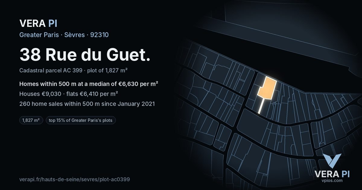 38 Rue du Guet, Sèvres at night – the plot lit, the parcels around coloured by the prices near them
