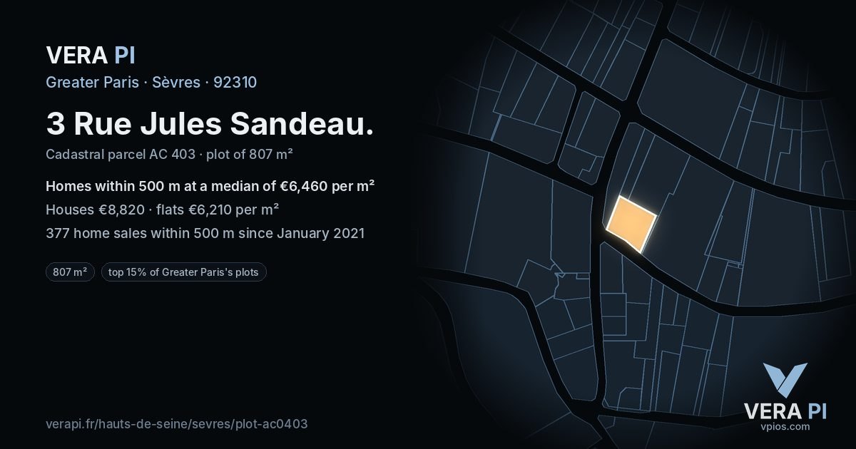 3 Rue Jules Sandeau, Sèvres at night – the plot lit, the parcels around coloured by the prices near them