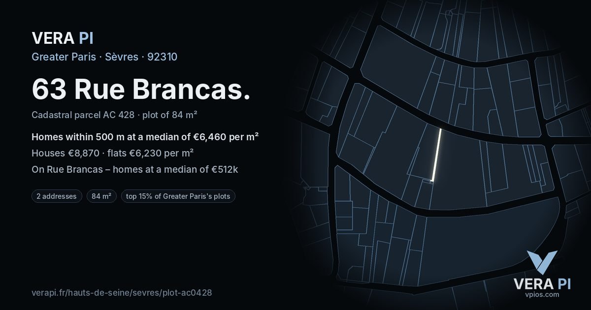 63 Rue Brancas, Sèvres at night – the plot lit, the parcels around coloured by the prices near them