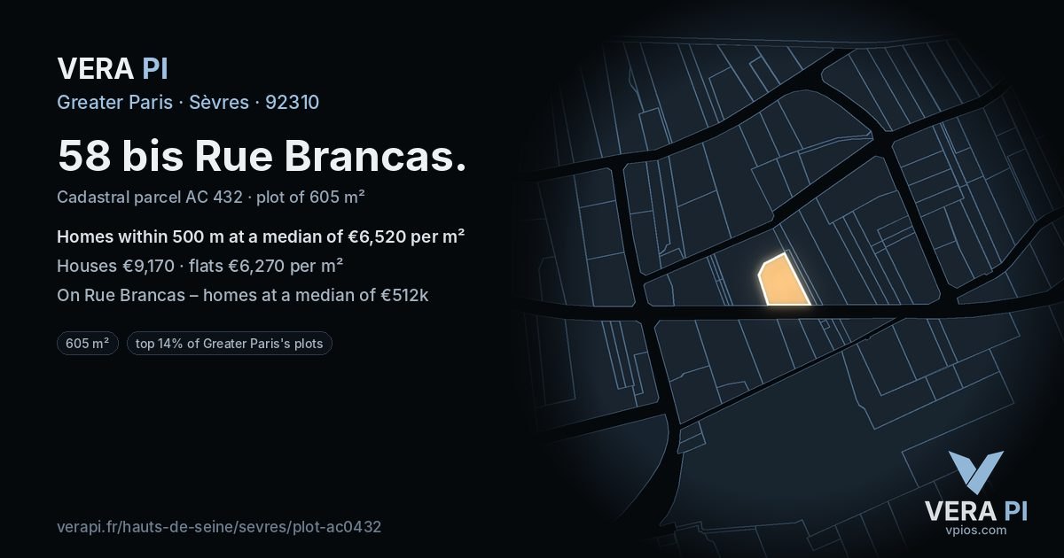58 bis Rue Brancas, Sèvres at night – the plot lit, the parcels around coloured by the prices near them