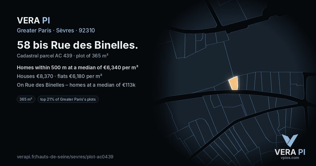58 bis Rue des Binelles, Sèvres at night – the plot lit, the parcels around coloured by the prices near them