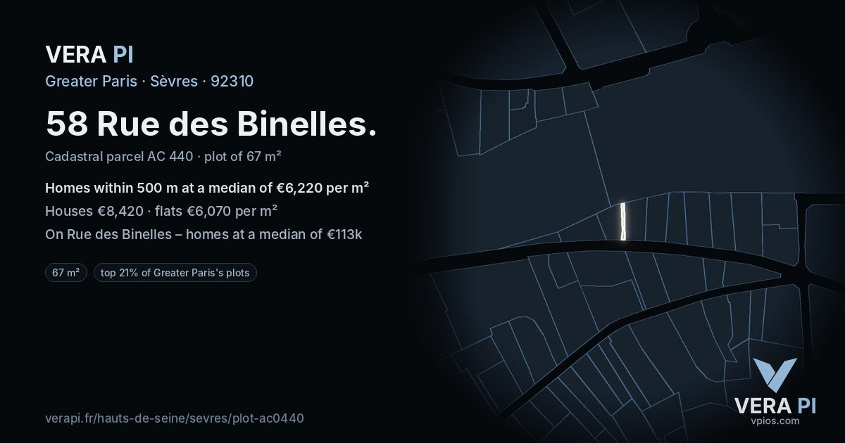 58 Rue des Binelles, Sèvres at night – the plot lit, the parcels around coloured by the prices near them