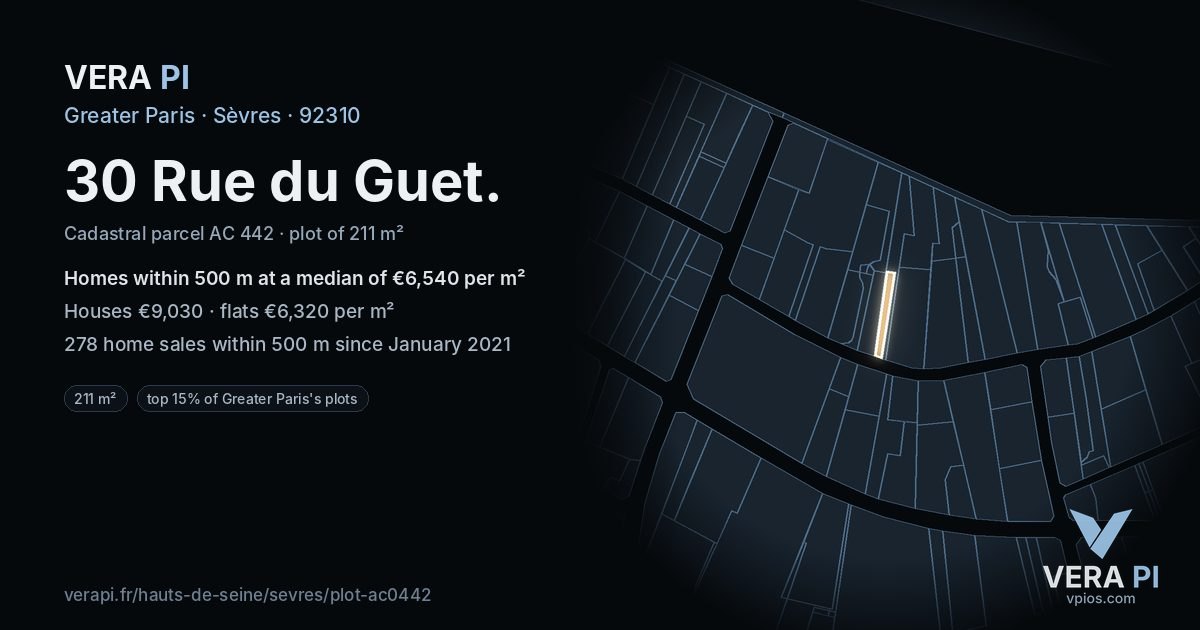 30 Rue du Guet, Sèvres at night – the plot lit, the parcels around coloured by the prices near them