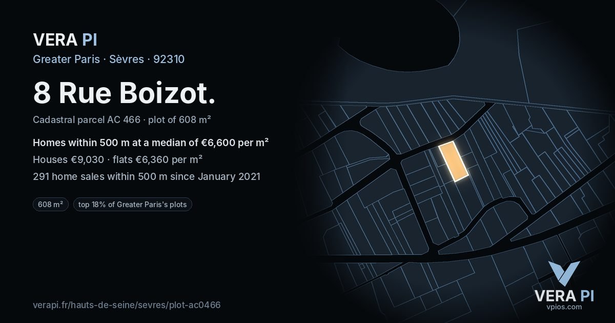 8 Rue Boizot, Sèvres at night – the plot lit, the parcels around coloured by the prices near them