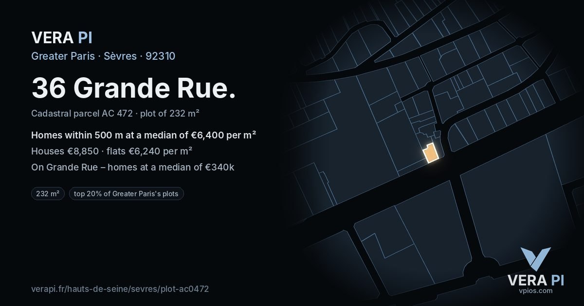 36 Grande Rue, Sèvres at night – the plot lit, the parcels around coloured by the prices near them