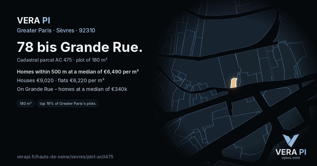 78 bis Grande Rue, Sèvres at night – the plot lit, the parcels around coloured by the prices near them