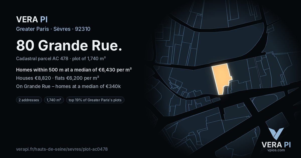 80 Grande Rue, Sèvres at night – the plot lit, the parcels around coloured by the prices near them