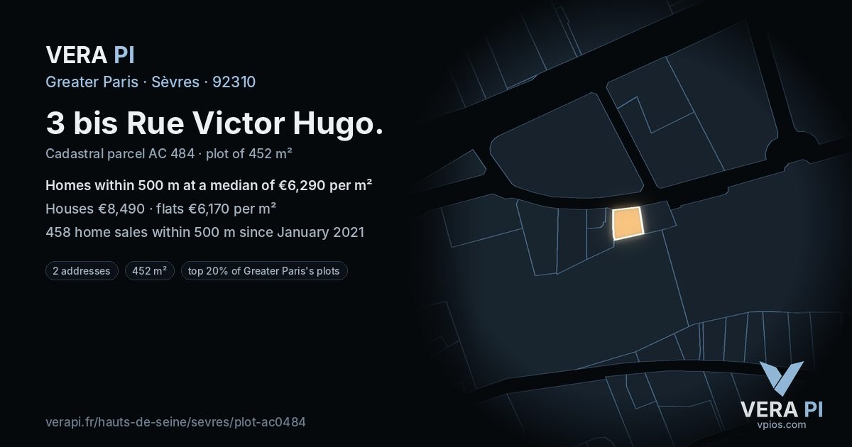 3 bis Rue Victor Hugo, Sèvres at night – the plot lit, the parcels around coloured by the prices near them