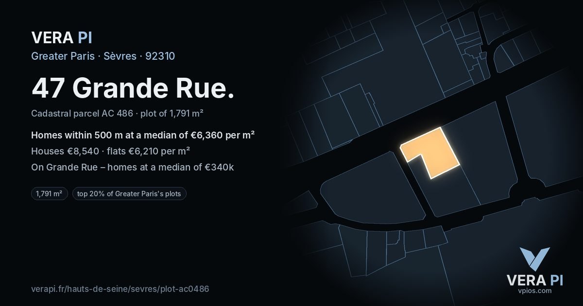47 Grande Rue, Sèvres at night – the plot lit, the parcels around coloured by the prices near them