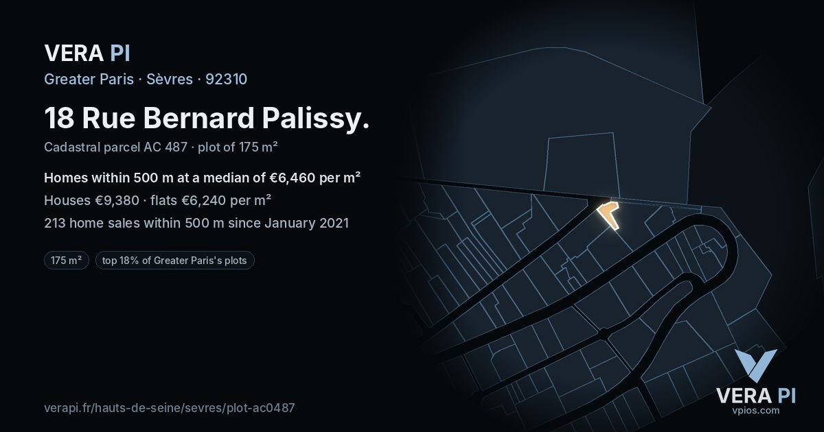 18 Rue Bernard Palissy, Sèvres at night – the plot lit, the parcels around coloured by the prices near them