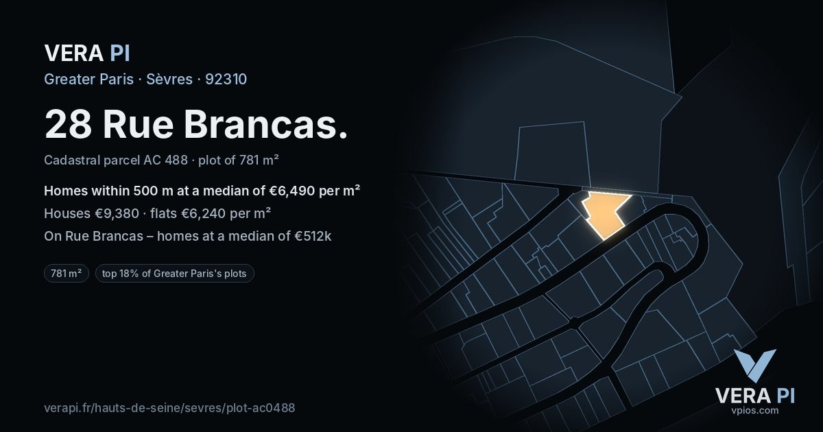 28 Rue Brancas, Sèvres at night – the plot lit, the parcels around coloured by the prices near them