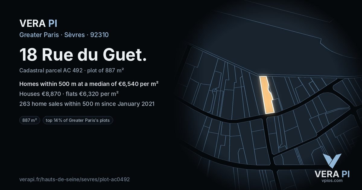 18 Rue du Guet, Sèvres at night – the plot lit, the parcels around coloured by the prices near them