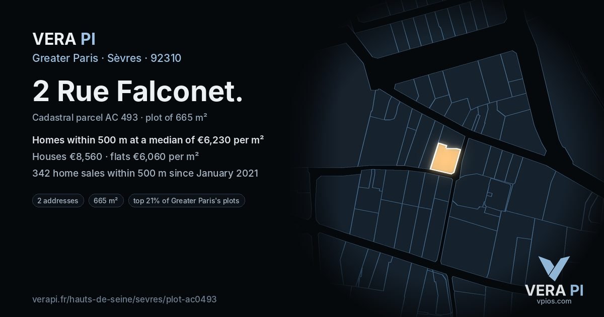 2 Rue Falconet, Sèvres at night – the plot lit, the parcels around coloured by the prices near them