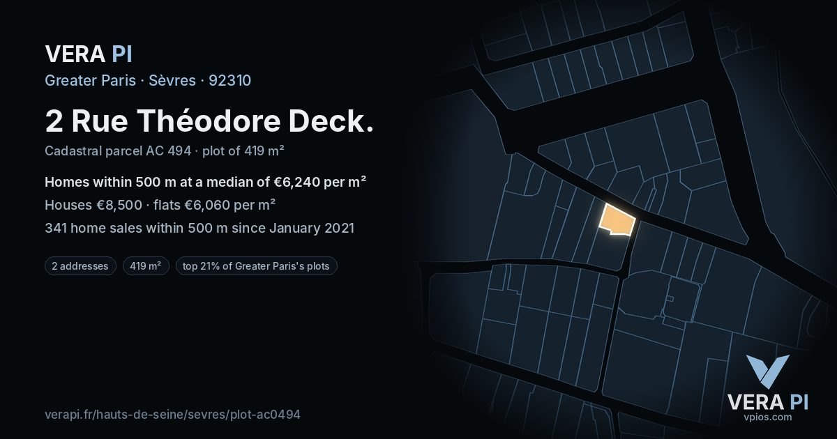 2 Rue Théodore Deck, Sèvres at night – the plot lit, the parcels around coloured by the prices near them