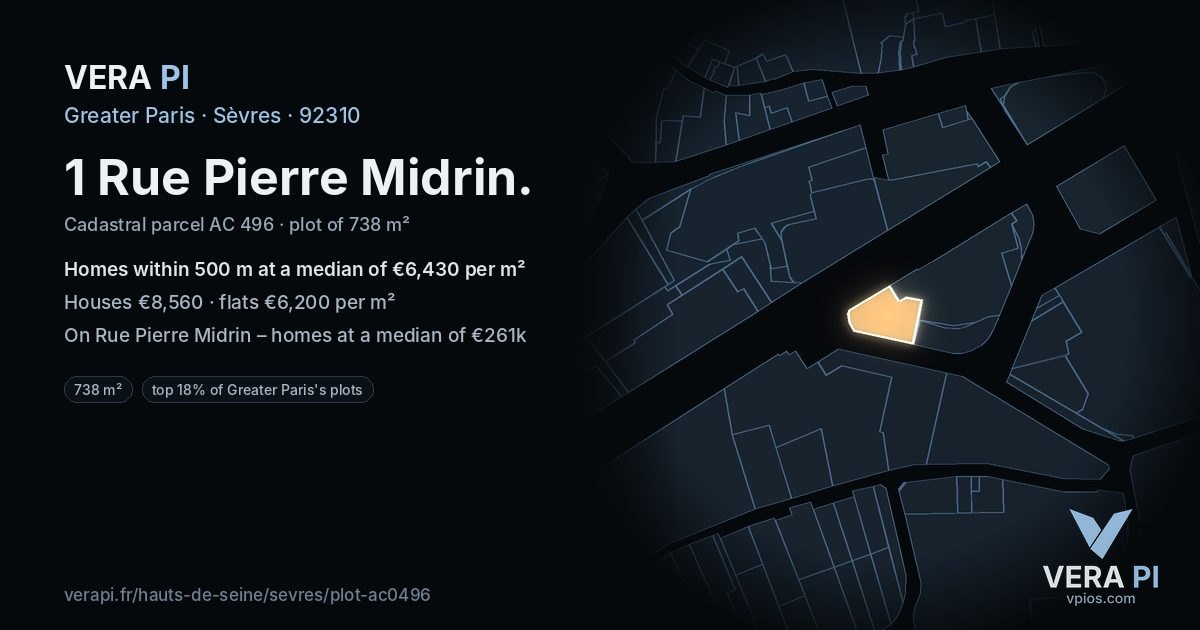 1 Rue Pierre Midrin, Sèvres at night – the plot lit, the parcels around coloured by the prices near them