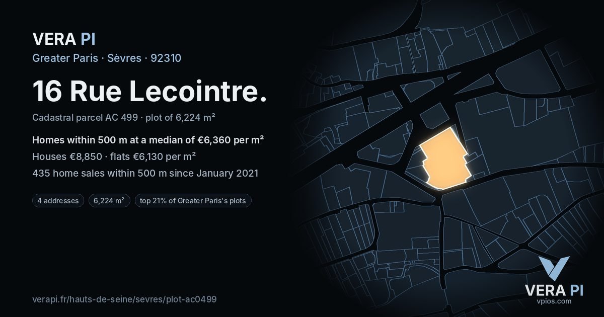 16 Rue Lecointre, Sèvres at night – the plot lit, the parcels around coloured by the prices near them