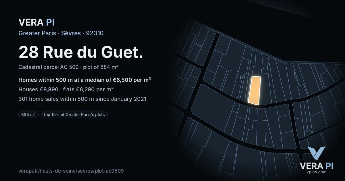 28 Rue du Guet, Sèvres at night – the plot lit, the parcels around coloured by the prices near them