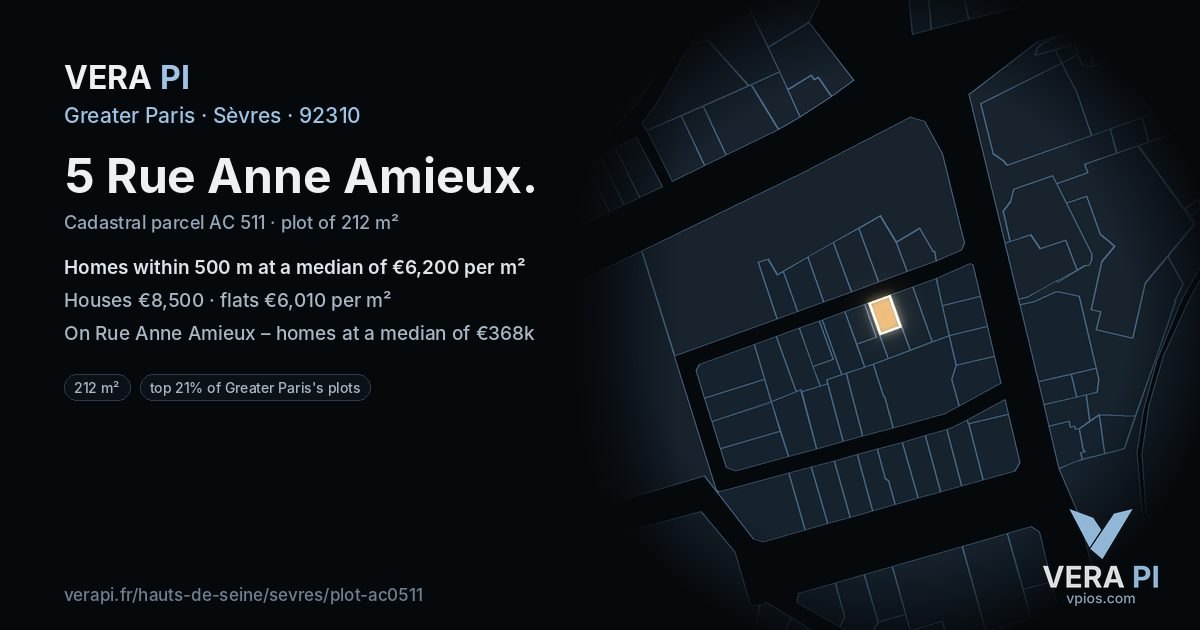 5 Rue Anne Amieux, Sèvres at night – the plot lit, the parcels around coloured by the prices near them