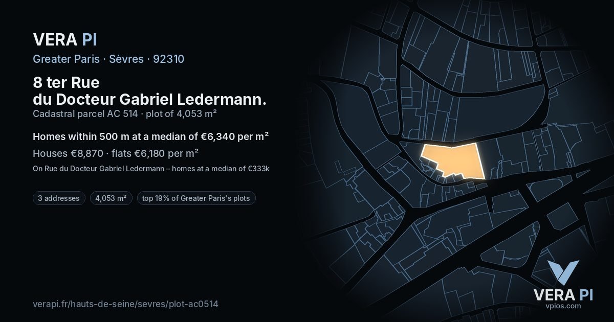 8 ter Rue du Docteur Gabriel Ledermann, Sèvres at night – the plot lit, the parcels around coloured by the prices near them