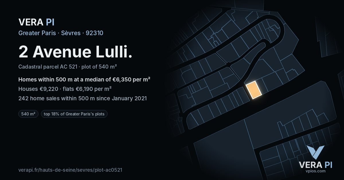 2 Avenue Lulli, Sèvres at night – the plot lit, the parcels around coloured by the prices near them