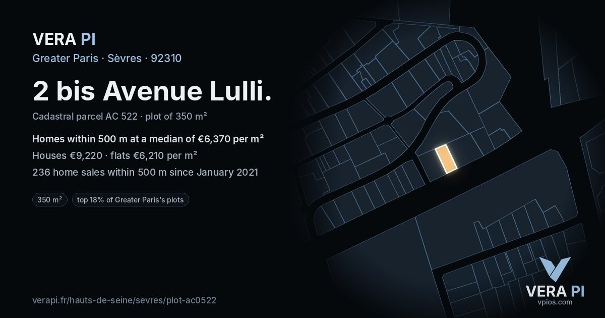 2 bis Avenue Lulli, Sèvres at night – the plot lit, the parcels around coloured by the prices near them
