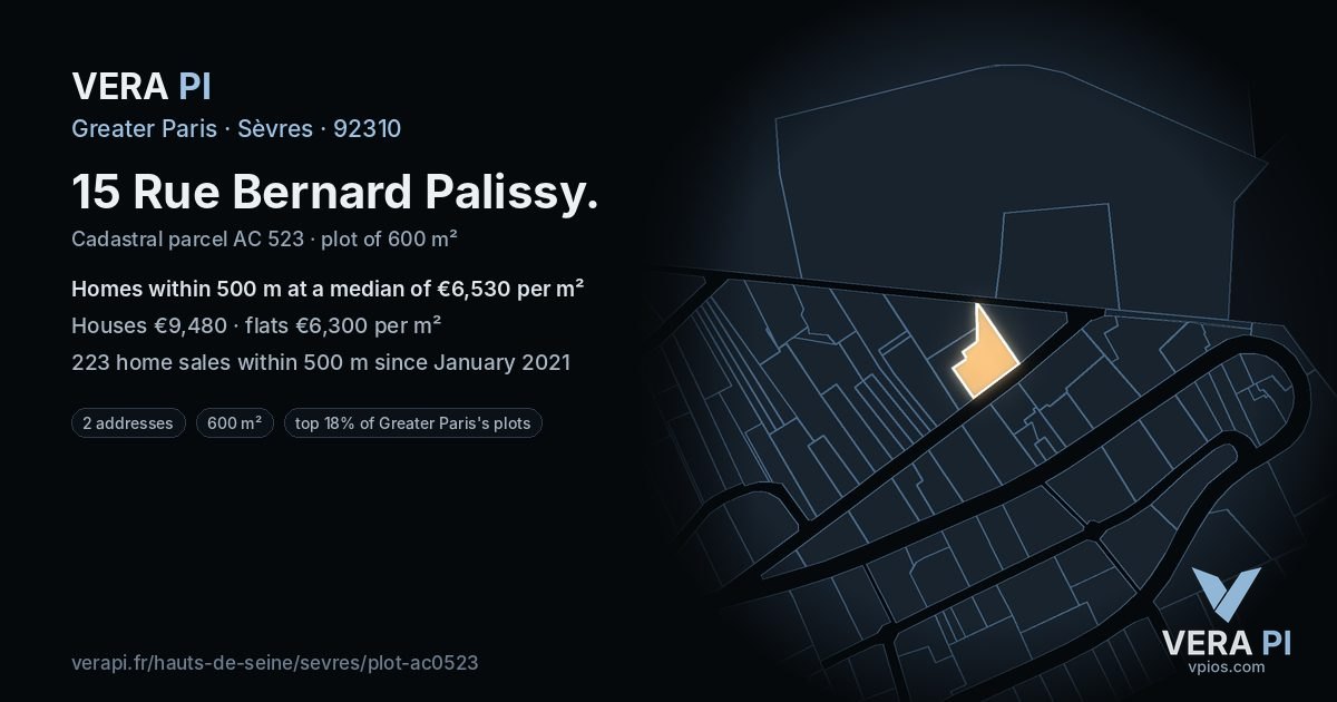 15 Rue Bernard Palissy, Sèvres at night – the plot lit, the parcels around coloured by the prices near them